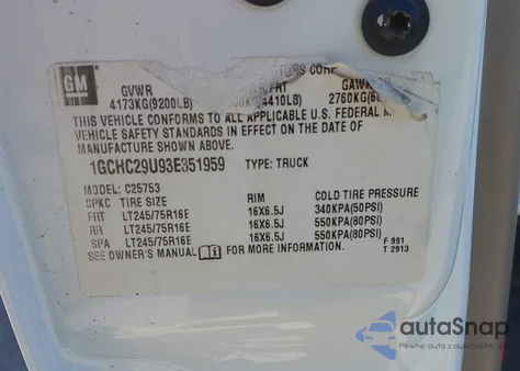 2003 Chevrolet Silverado 2500Hd Ls z USA, uszkodzony, nr VIN 1GCHC29U93E351959